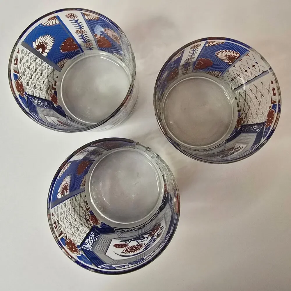 3 Old Fashioned Lowball Rocks Glasses Blue Oriental Imari Pattern Gold Vtg MCM
